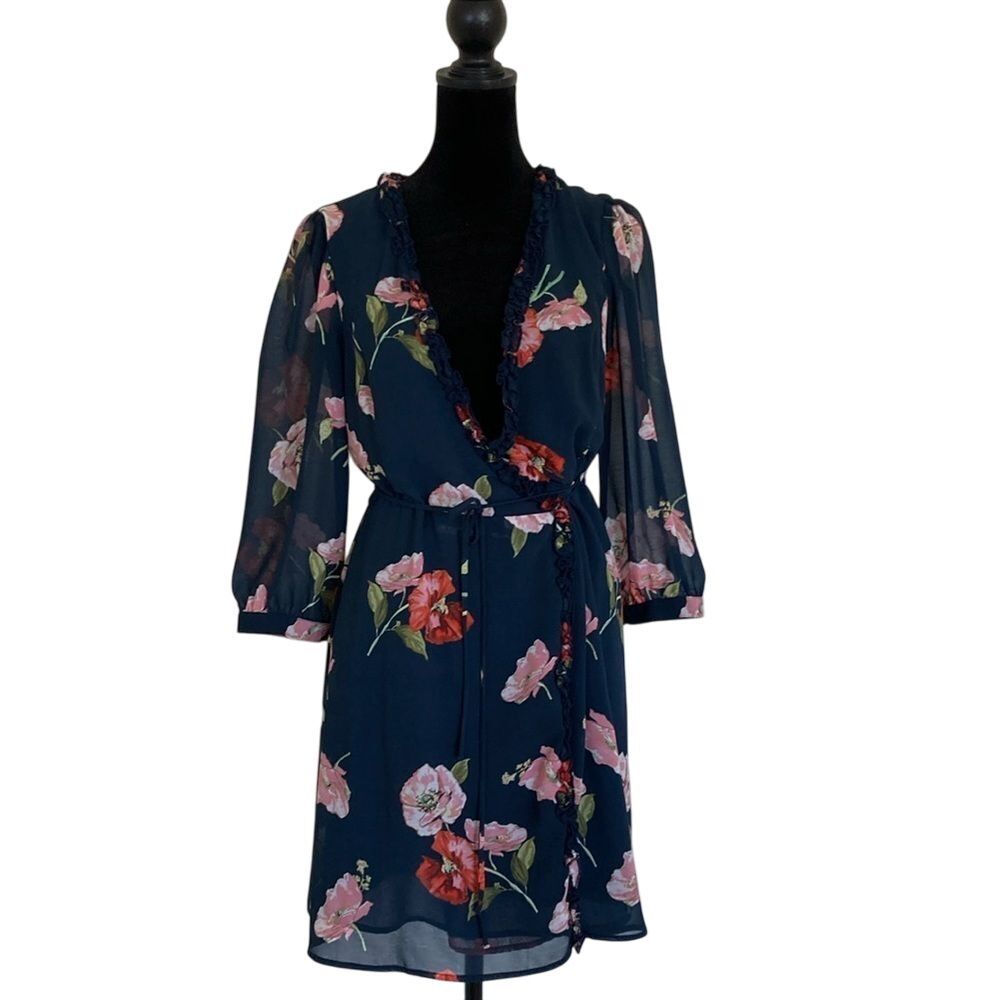 Lulus Womens Wrap Dress Floral Sheer Size S‎ Navy 3/4 Sleeve Feminine
